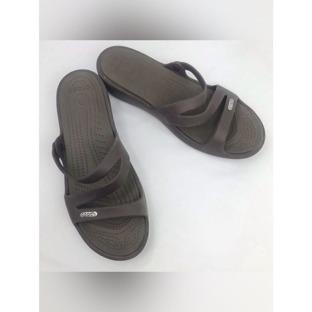 Crocs Swiftwater Brown Strappy Rubber Wedge Slide Slip On Sandals